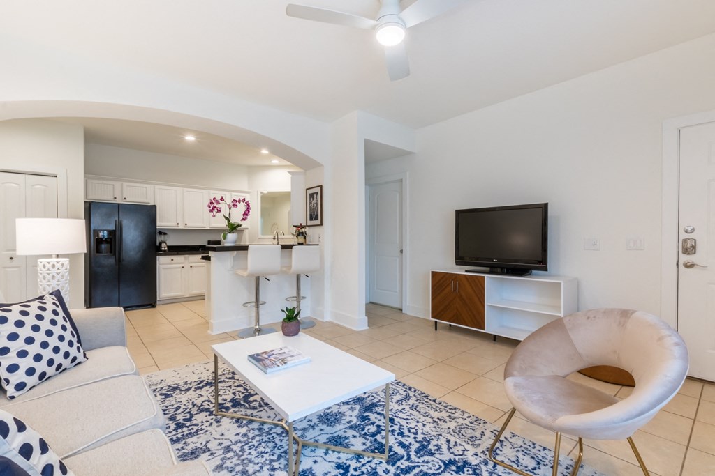 a living room with a couch and a coffee table and a television