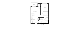 A black and white floor plan of an apartment with a living area, dining area, kitchen, bathroom, and bedroom.