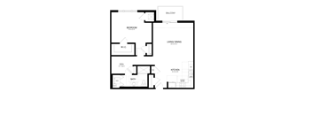 A black and white floor plan of a house with a balcony, living/dining room, kitchen, and bath.