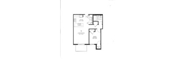 A black and white image of a floor plan for a one bedroom apartment.