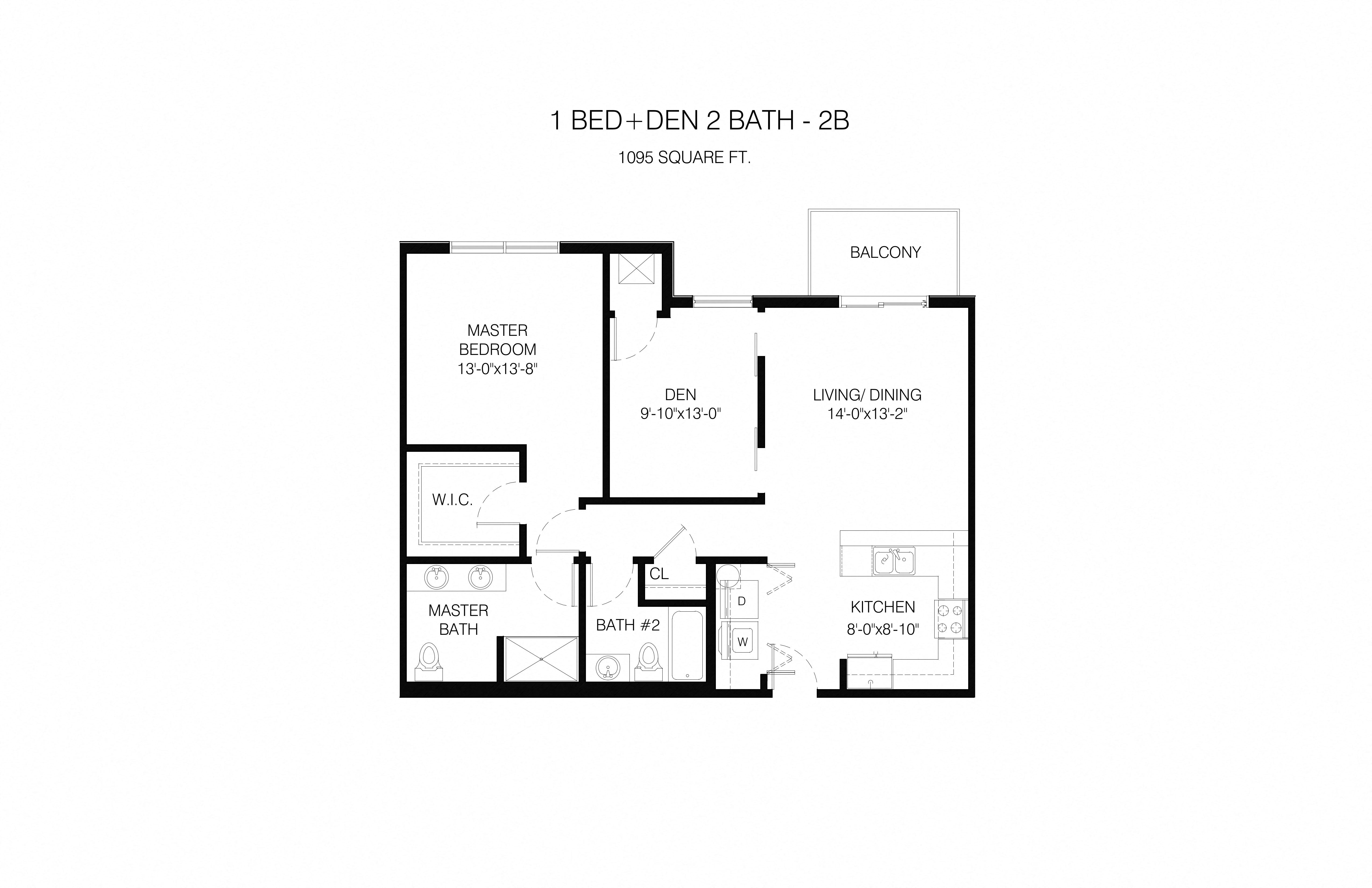 A floor plan of a one bedroom apartment with den and two bathrooms.