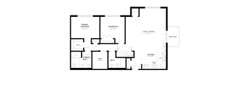 A black and white floor plan of a house with a primary bedroom, a den, a bath, a kitchen, a living/dining area, and a balcony.