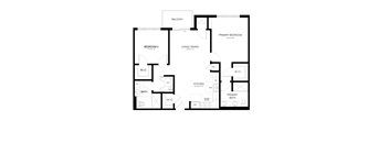 A floor plan of a house with a balcony, two bedrooms, a living/dining area, a kitchen, and a primary bath.