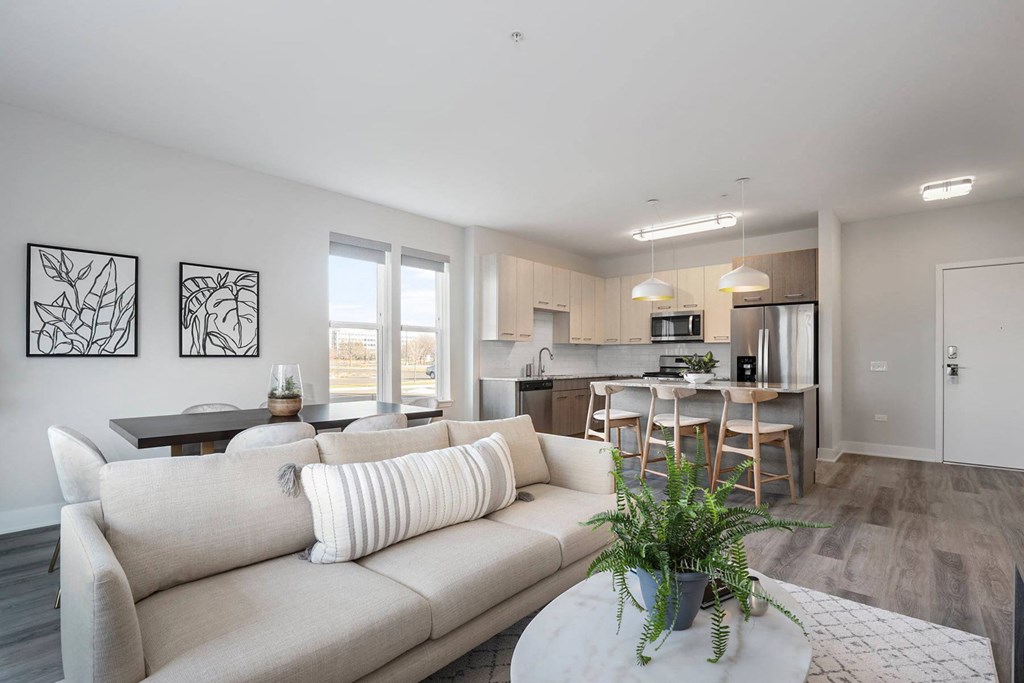 a living room with a couch and a table