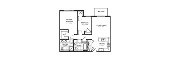 A floor plan of a house with a master bedroom, two bathrooms, a balcony, a living/dining area, and a kitchen.