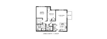 A floor plan of a 2 bedroom, 2 bathroom apartment.