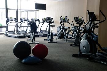 a gym with treadmills and exercise balls at Hampton Plaza Apartments, Maryland
