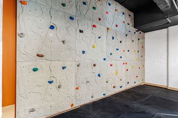 a large wall with a climbing wall with different coloredazes on it at Textile Apartments, Cincinnati, Ohio