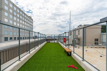 a grassy area in the middle of a fenced in area with grass at Textile Apartments, Ohio