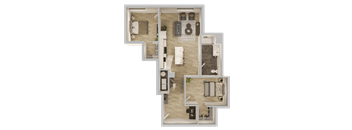 A top-down view of a house layout with a living room, kitchen, dining area, and bedrooms.