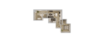 A top-down view of a house layout with a living room, kitchen, dining area, and bedrooms.