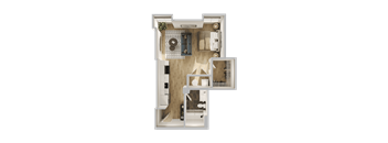 A top-down view of a small apartment with a kitchen, living room, and bathroom.