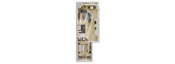 A top-down view of a small apartment with a kitchen, living room, and bathroom.
