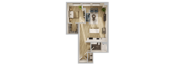 A top-down view of a modern apartment layout with a living room, kitchen, and bedroom.