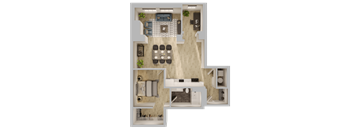 A top-down view of a living room, kitchen, and dining area.