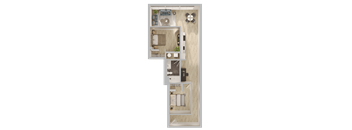 A floor plan of a small apartment with a kitchen, living room, and bathroom.