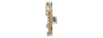 A floor plan of a house with a kitchen, living room, and bathroom.