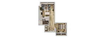 A top-down view of a house layout with a living room, kitchen, dining area, and two bedrooms.