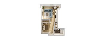 A top down view of a living room with a couch, coffee table, and kitchen area.