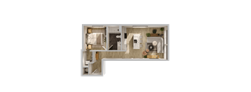 A top-down view of a small apartment with a kitchen, living room, and bathroom.