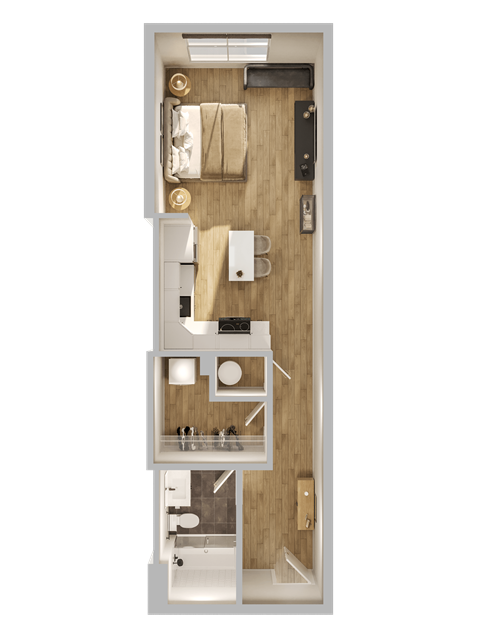 A top-down view of a small apartment with a kitchen, living room, and bathroom.
