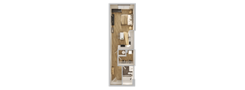 A detailed 3D floor plan of a small apartment.