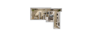 A 3D floor plan of a modern apartment with a living room, kitchen, and bathroom.