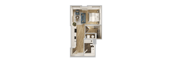 A top-down view of a small apartment with a living area, kitchen, and bathroom.