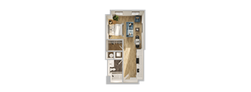 A top-down view of a small, well-organized apartment with a kitchen, living room, and bathroom.