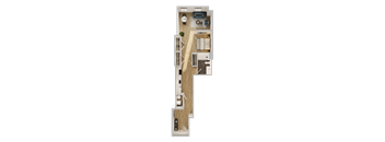 A 3D floor plan of a small apartment with a kitchen, living room, and bathroom.