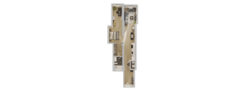 A floor plan of a house with a living room, dining room, kitchen, and two bedrooms.