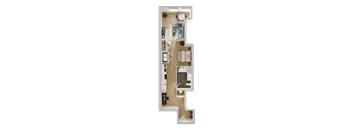 A detailed 3D floor plan of a small apartment layout.