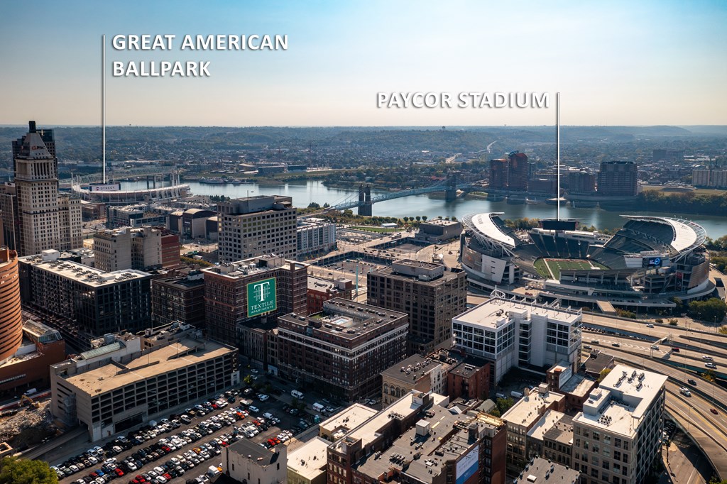 a rendering of the great ballpark in the city at Textile Apartments, Cincinnati, Ohio