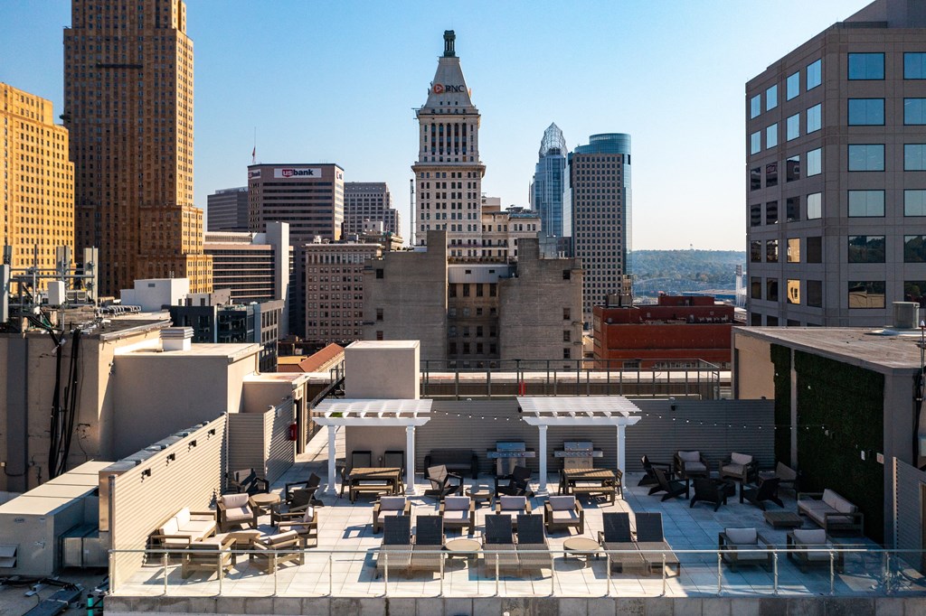 a rooftop terrace with a view of the city at Textile Apartments, Cincinnati, OH