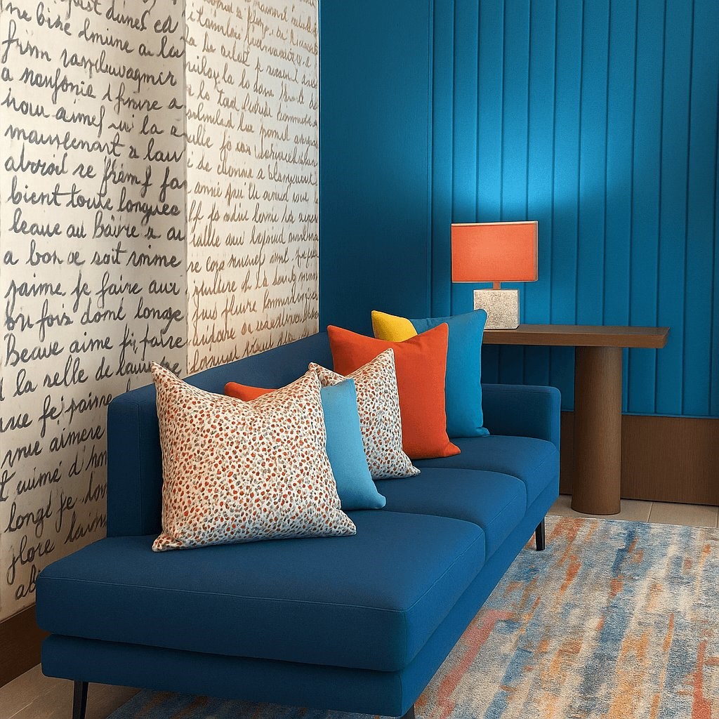 A blue couch with four pillows sits in front of a wall with writing on it.