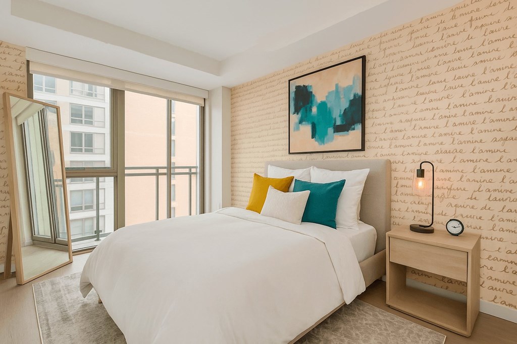 A bedroom with a large bed, a nightstand, and a painting on the wall.