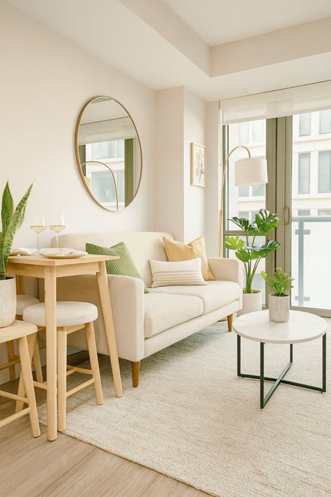 A living room with a white couch, a round mirror, and a small table with a plant on it.
