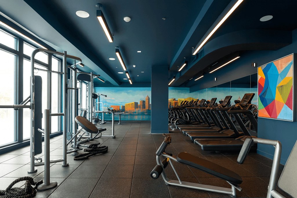 A gym with treadmills and exercise equipment.
