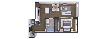 A floor plan of a small apartment with a bedroom, living room, and kitchen.