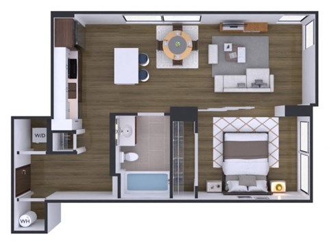 A floor plan of a small apartment with a bedroom, living room, and kitchen.