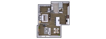 A floor plan of a house with a living room, kitchen, and two bedrooms.