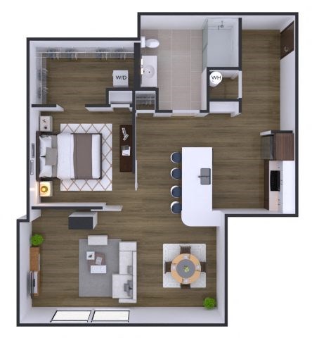 A floor plan of a house with a living room, kitchen, and two bedrooms.