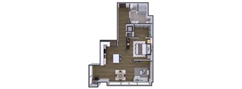 A floor plan of a house with a living room, kitchen, and two bedrooms.