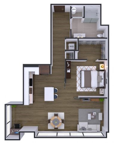 A floor plan of a house with a living room, kitchen, and two bedrooms.