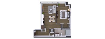 A modern apartment layout with a kitchen, living room, and bathroom.