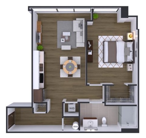A modern apartment layout with a kitchen, living room, and bathroom.
