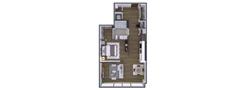 A floor plan of a two-bedroom apartment with a living room, kitchen, and bathroom.