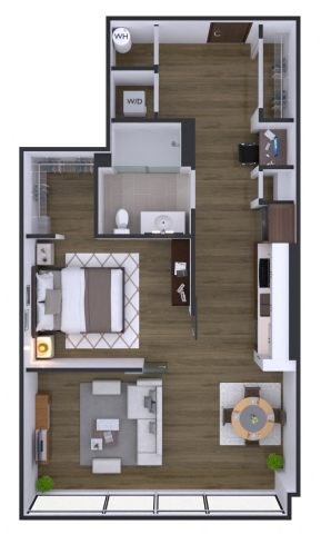 A floor plan of a two-bedroom apartment with a living room, kitchen, and bathroom.