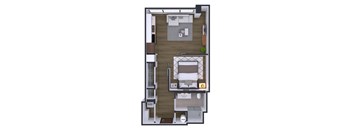 A floor plan of a small apartment with a bedroom, living room, and kitchen.