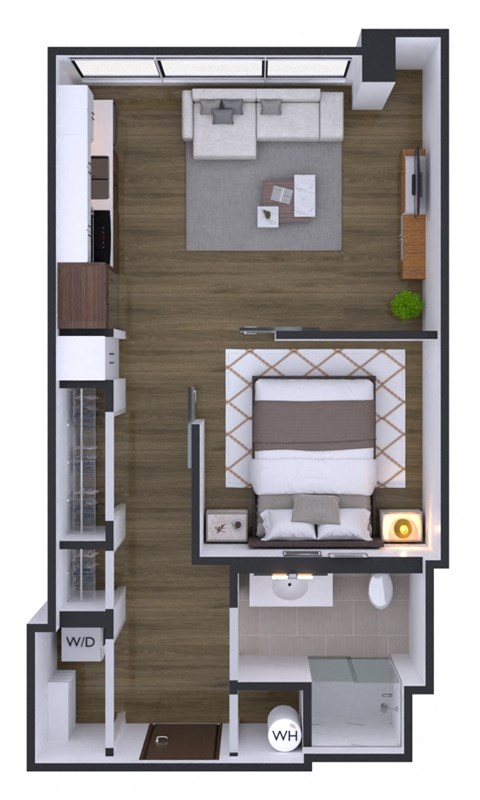 A floor plan of a small apartment with a bedroom, living room, and kitchen.